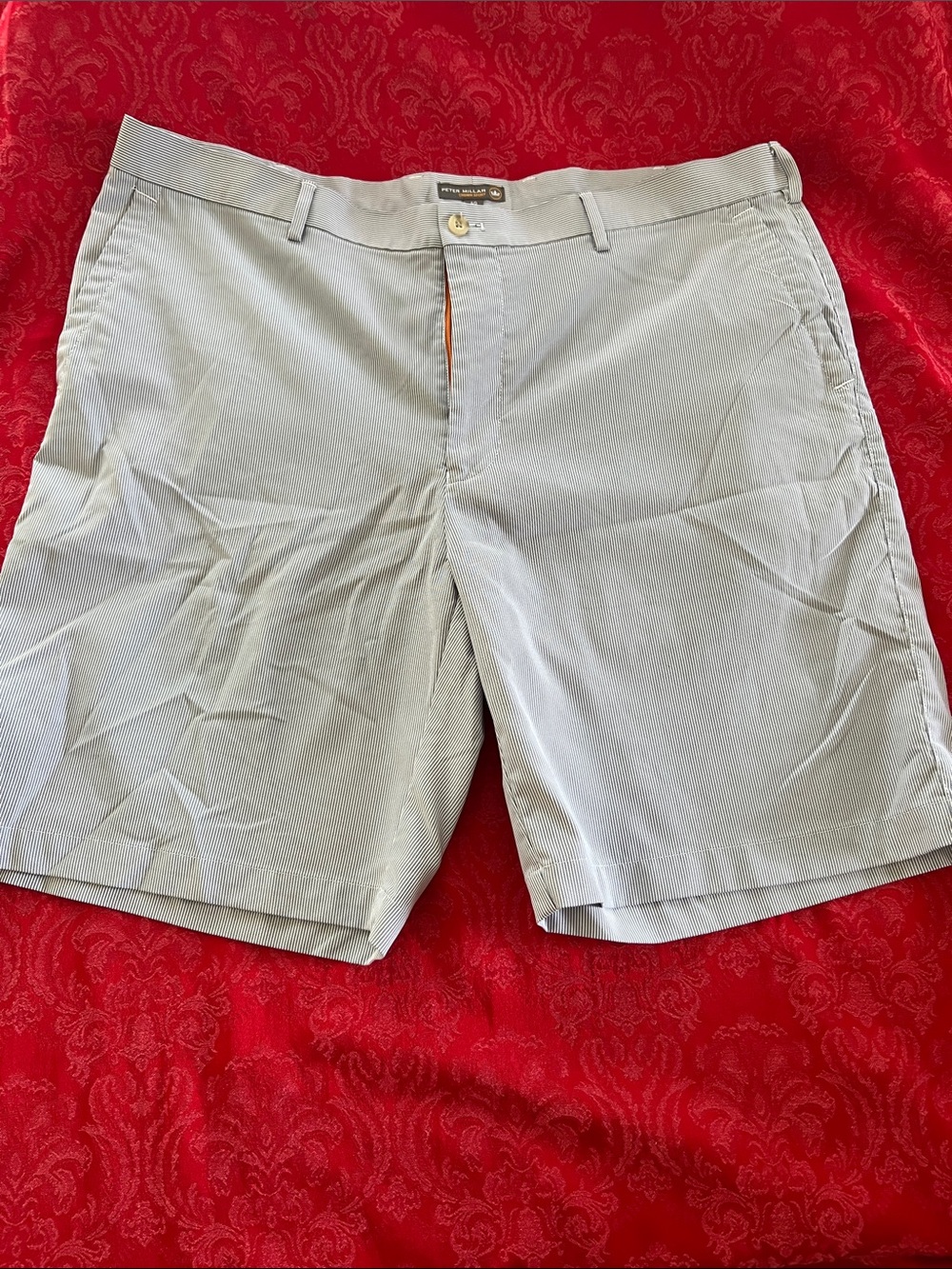 Peter Millar Crown Sport Gray Striped Performance Shorts Men's 40 Flat Front
